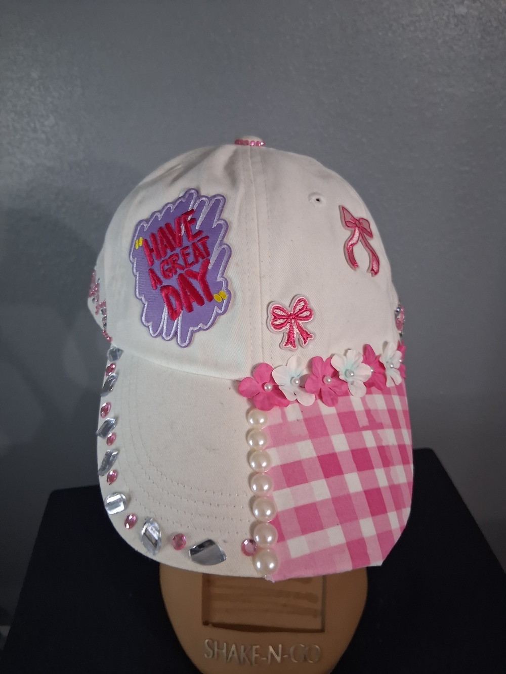 Hand Crafted White Pink Embellished Baseball Cap